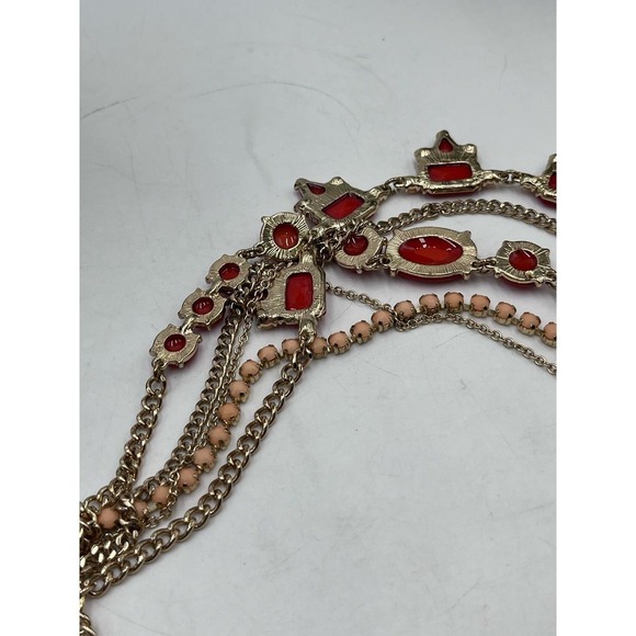 J. Crew Red Pink Peach Gold Tone Layered Multi Strand Rhinestone Necklace - Picture 9 of 14